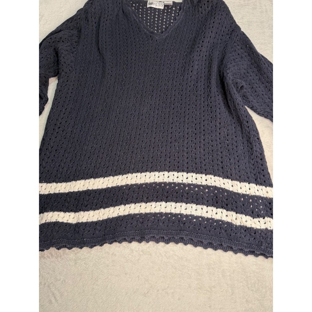 Navy Blue White Striped Crochet V-Neck Knit Sweater Womens